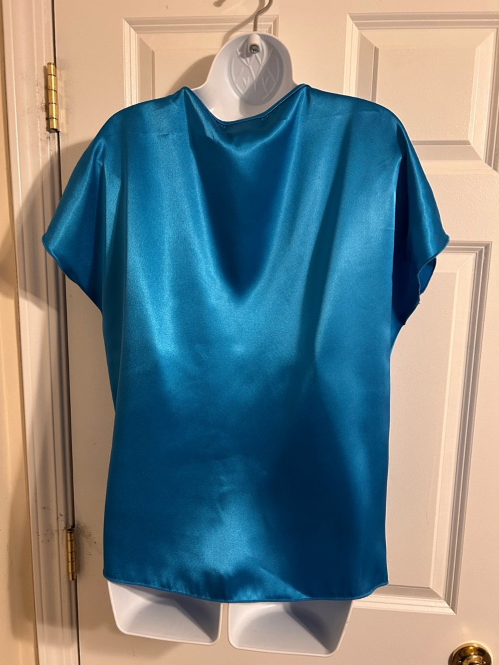 Nicole Miller Satin V-Neck Blouse in Teal Blue - Picture 2 of 4